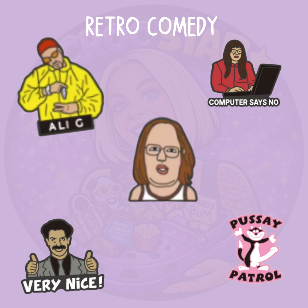 Ali G Catherine Tate and Borat retro comedy Croc charms, Funny British comedy shoe charms featuring Computer Says No and Very Nice designs