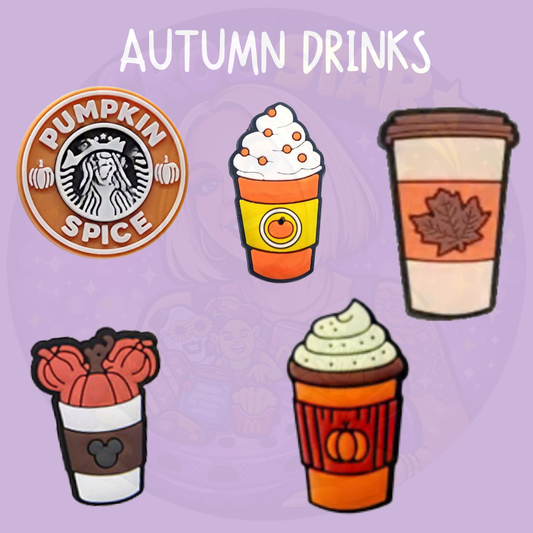 Autumn drinks Croc charms featuring pumpkin spice and cosy seasonal coffee designs