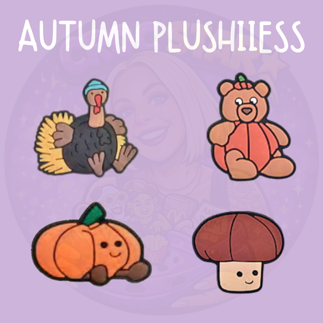 Autumn plush-style Croc charms featuring turkey, pumpkin bear, pumpkin and mushroom