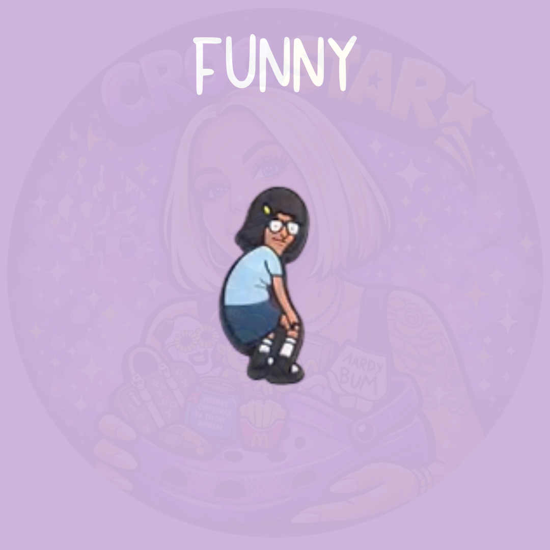 Cartoon style croc charm of an awkward girl character crouching with glasses and blue outfit on a purple background