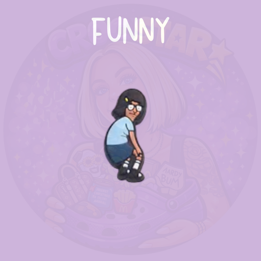 Cartoon style croc charm of an awkward girl character crouching with glasses and blue outfit on a purple background