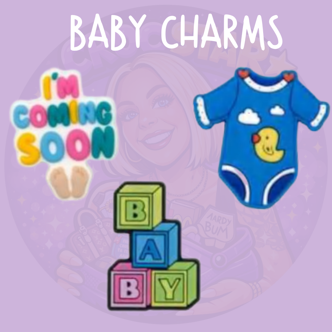 Baby Croc charms featuring I'm Coming Soon baby outfit and colourful blocks
