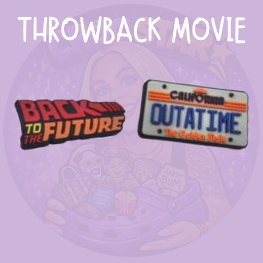 Back to the Future Croc charms featuring the iconic movie logo and California licence plate design