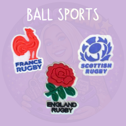 Ball Sports rugby Croc charms featuring England Scotland and France designs