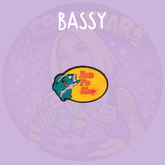 Bass Pro Shops fishing Croc charm featuring a colourful largemouth bass fish and fishing slogan