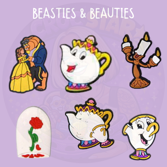 Enchanted fairytale Croc charms featuring a dancing couple, magical teapot, teacups, candle holders and an enchanted rose
