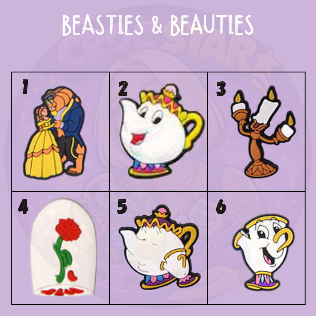 Magical fairytale shoe charms featuring a princess and beast couple, talking teapot and cups, candle holder and red rose