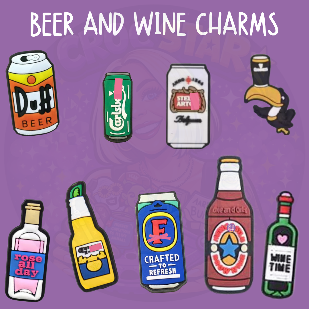 Funny beer and wine Croc charms featuring colourful beer cans, cider cans and wine bottle designs