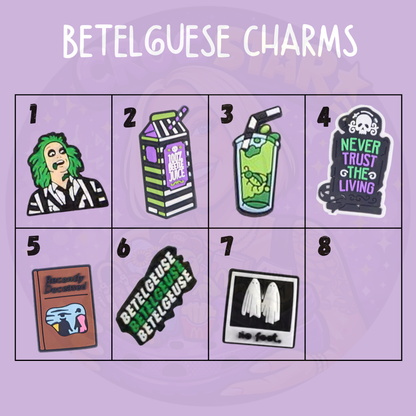 Gothic horror shoe charms featuring striped black and white designs, green and purple details, spooky drinks and supernatural imagery