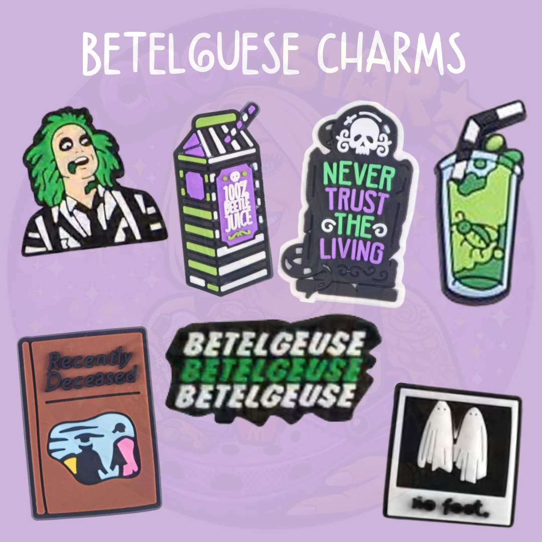 Spooky movie inspired Croc charms featuring a striped supernatural character, Recently Deceased handbook, green drink, gravestone and ghost photography designs