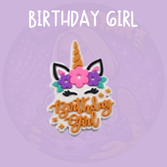 Birthday Girl Croc charm featuring a cute unicorn with flowers and birthday lettering