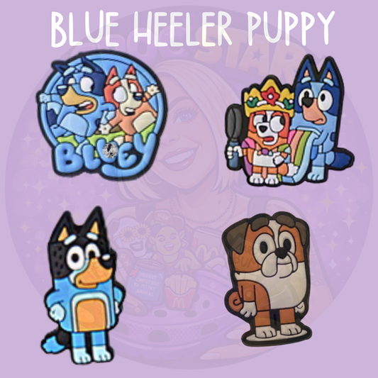 Blue heeler Croc charms featuring cute blue cartoon puppy designs and colourful dog characters