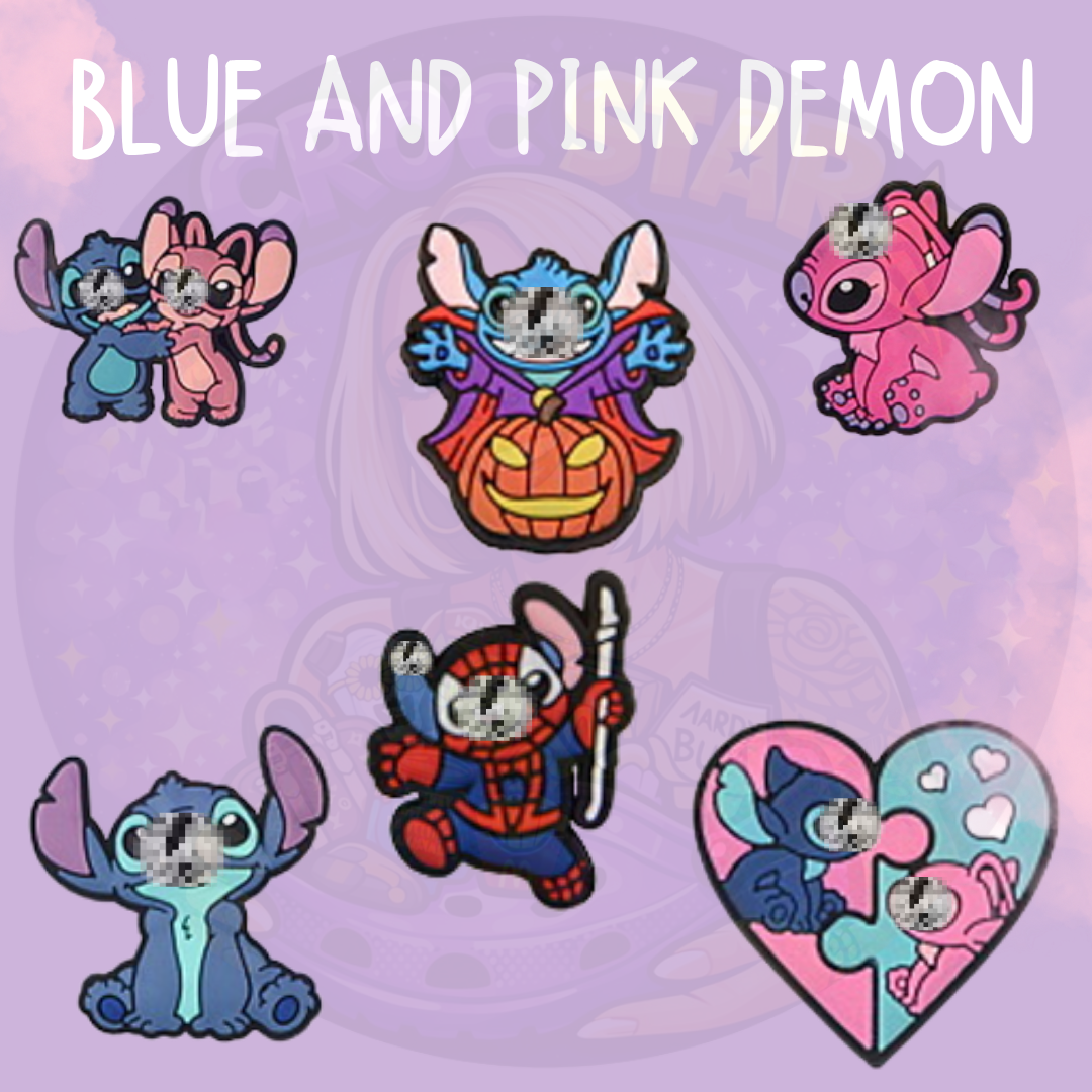 Blue and pink cartoon alien Croc charms featuring cute colourful character designs