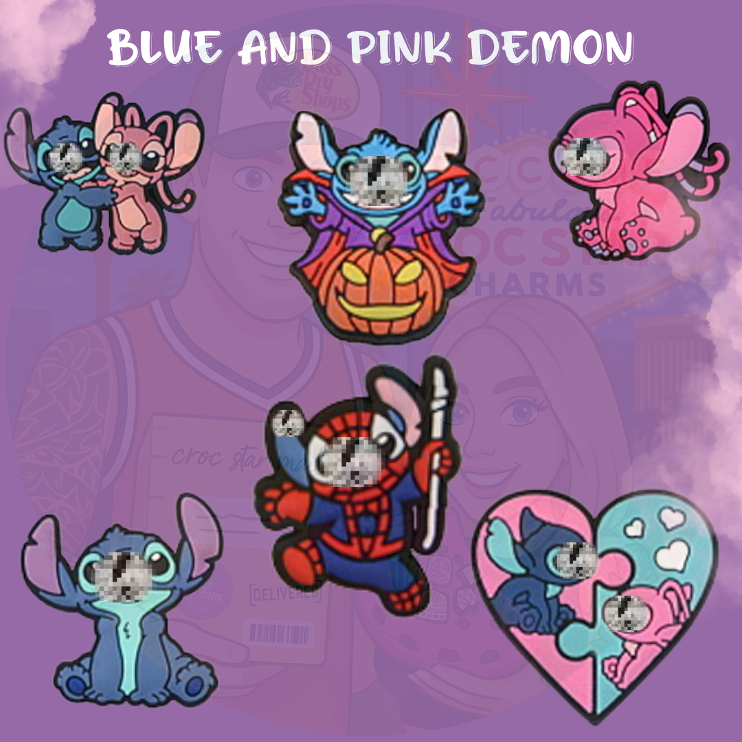 A collection of cartoon-style Croc charms featuring Stitch, the blue alien character from Disney's "Lilo & Stitch." The charms show Stitch in various playful poses and expressions, made from colorful, flexible rubber designed to fit into the holes of Crocs shoes.