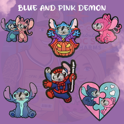 A collection of cartoon-style Croc charms featuring Stitch, the blue alien character from Disney's "Lilo & Stitch." The charms show Stitch in various playful poses and expressions, made from colorful, flexible rubber designed to fit into the holes of Crocs shoes.