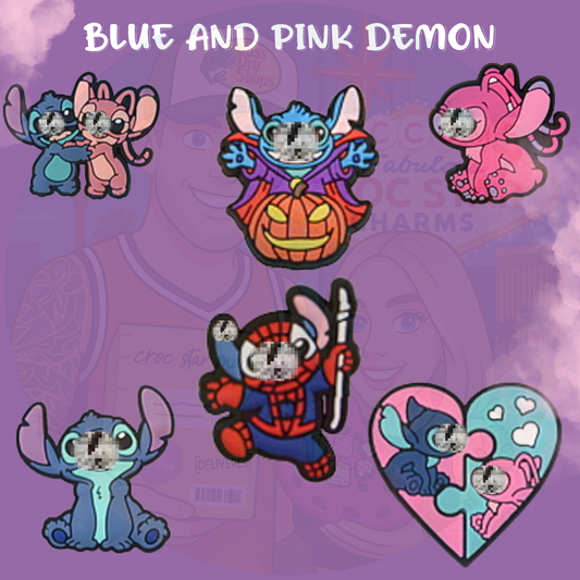 A collection of cartoon-style Croc charms featuring Stitch, the blue alien character from Disney's "Lilo & Stitch." The charms show Stitch in various playful poses and expressions, made from colorful, flexible rubber designed to fit into the holes of Crocs shoes.