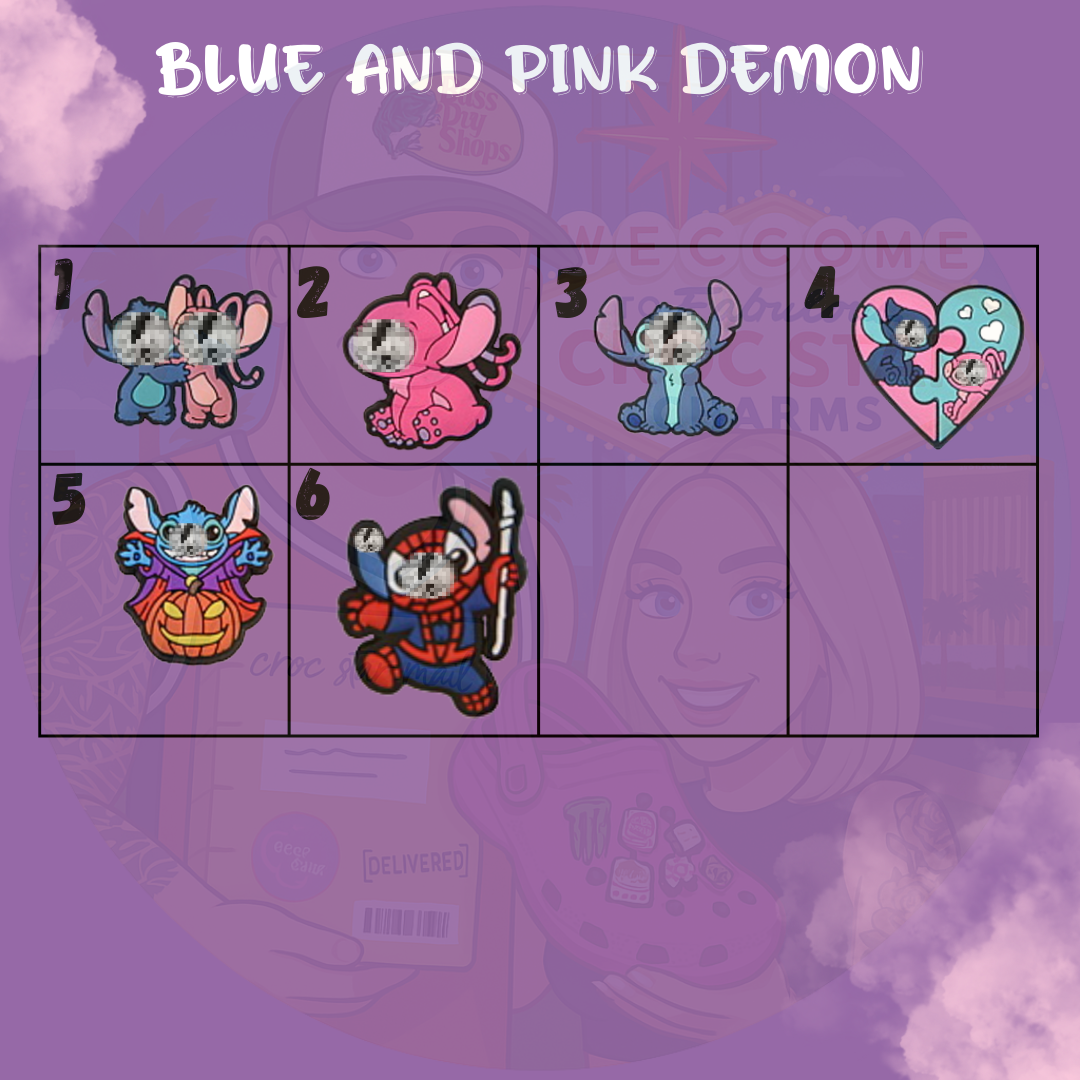A collection of cartoon-style Croc charms featuring Stitch, the blue alien character from Disney's "Lilo & Stitch." The charms show Stitch in various playful poses and expressions, made from colorful, flexible rubber designed to fit into the holes of Crocs shoes.
