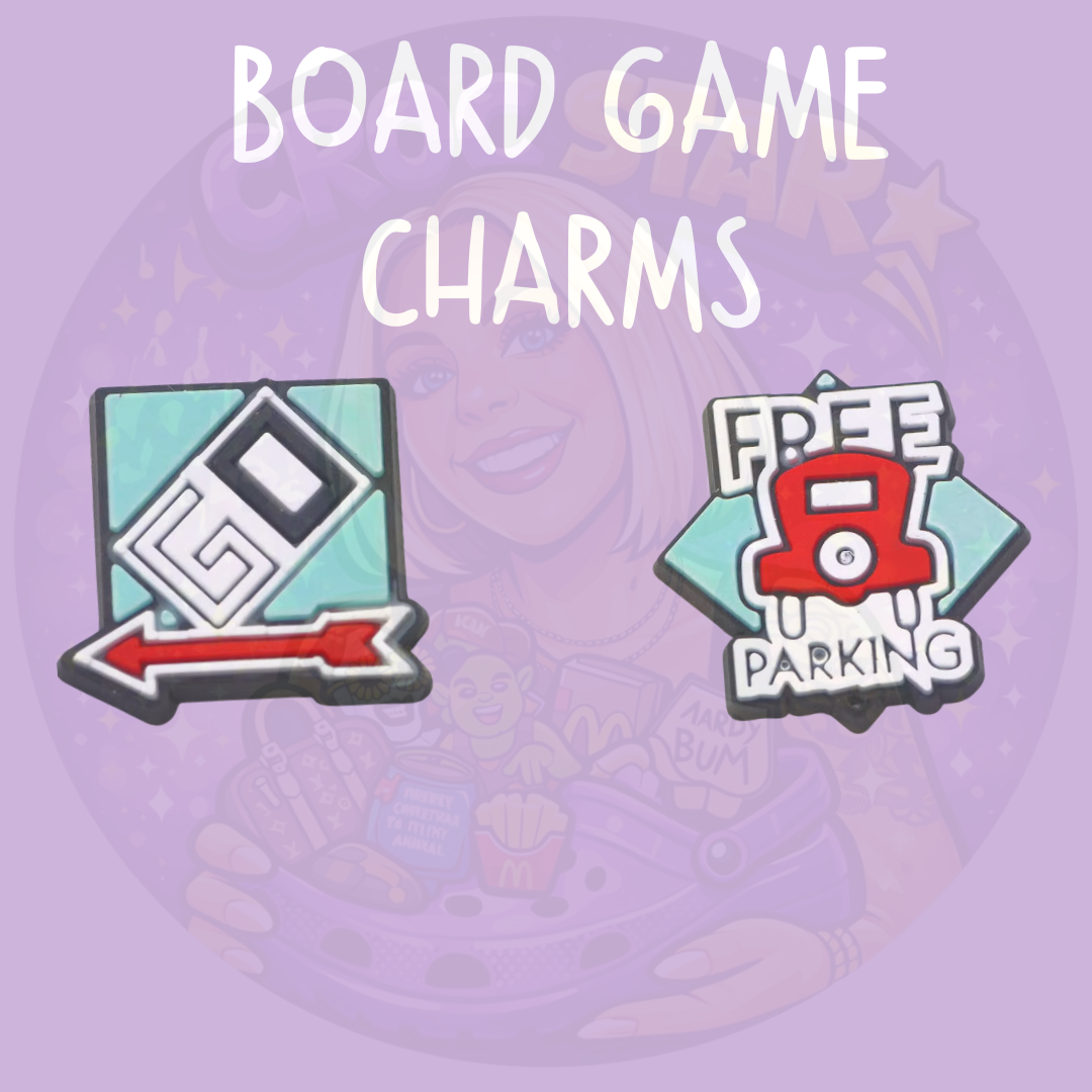 Board game Croc charms featuring Free Parking and classic property game inspired designs