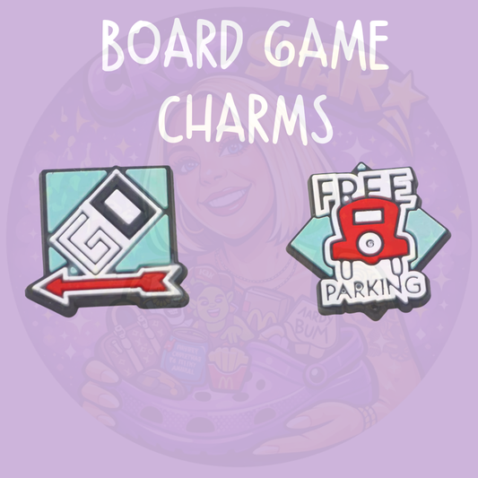 Board game Croc charms featuring Free Parking and classic property game inspired designs