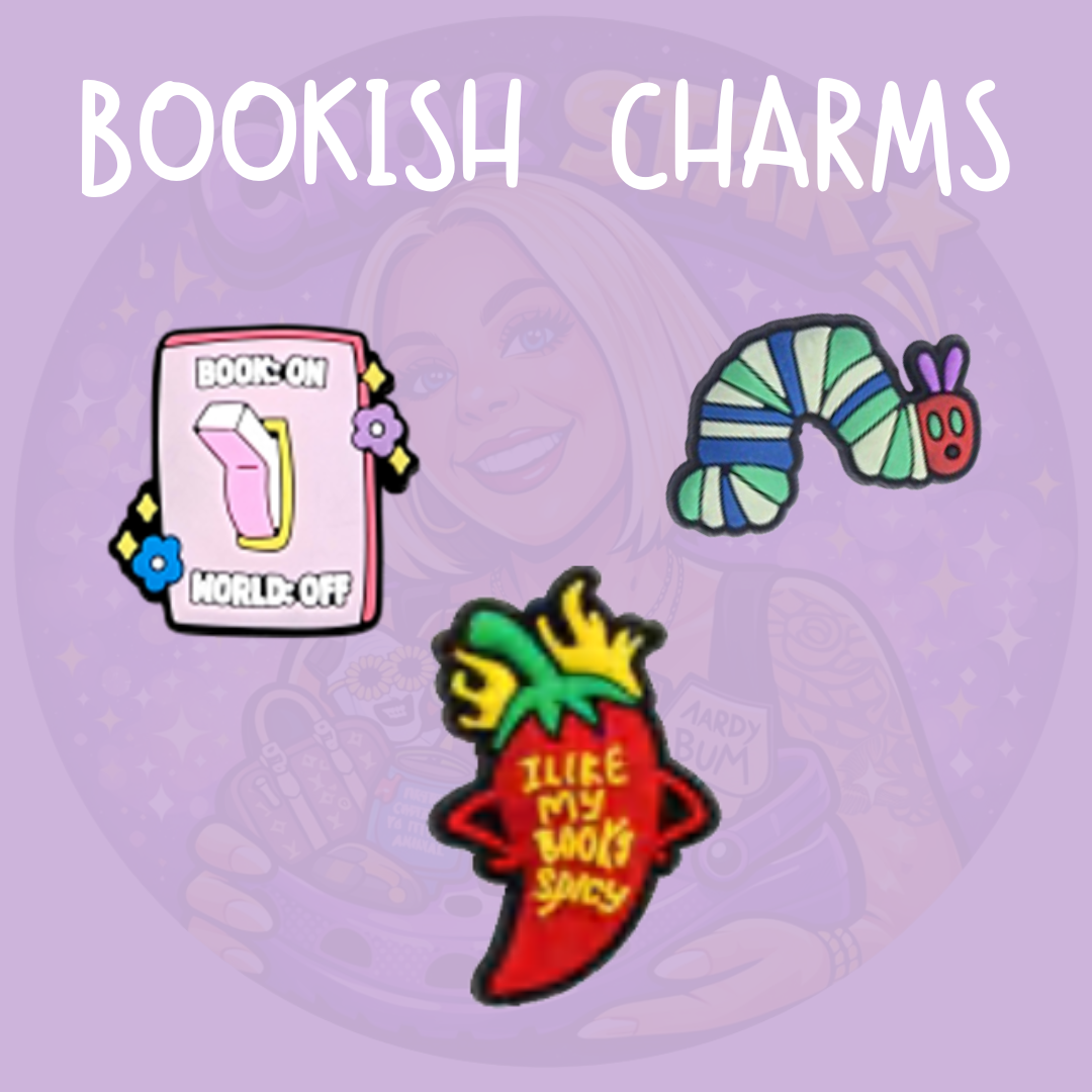 Book lover Croc charms featuring Books On World Off, colourful bookish designs and a spicy book reader charm