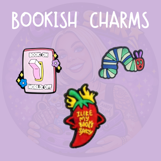 Book lover Croc charms featuring Books On World Off, colourful bookish designs and a spicy book reader charm