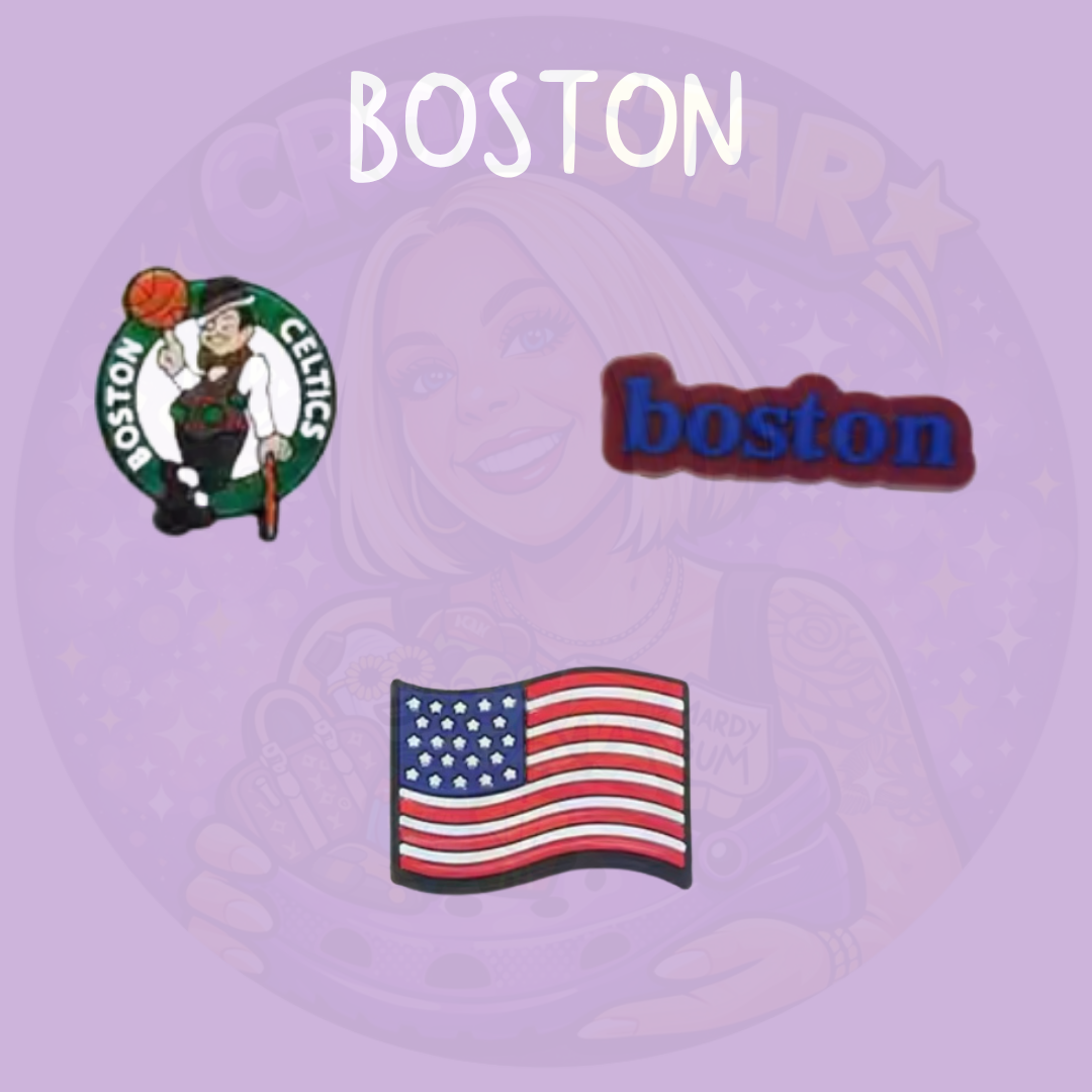 Boston USA Croc Charms featuring Boston, basketball and American flag designs