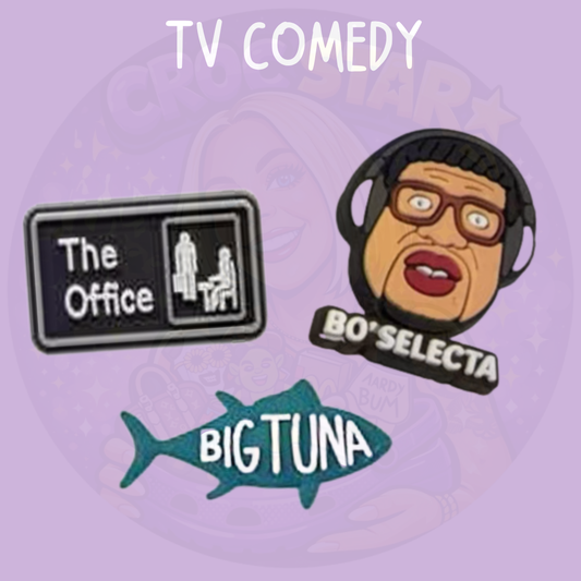 British and American TV comedy Croc charms featuring The Office, Big Tuna and Bo Selecta inspired designs