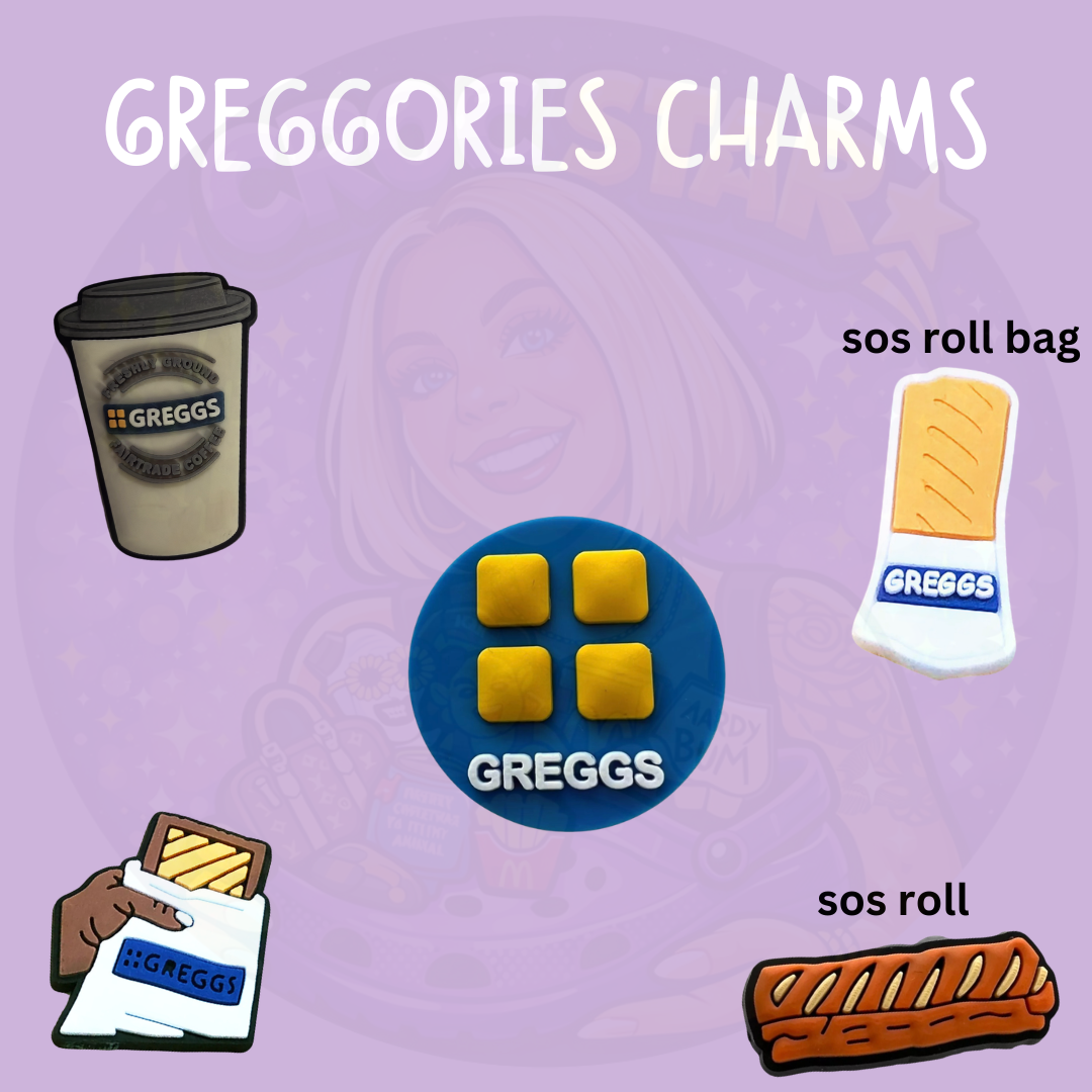 British bakery shoe charm collection featuring pastries, coffee and savoury snacks