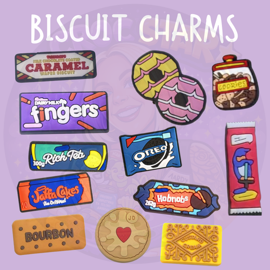 British biscuit Croc charms featuring Caramac, Cadbury Fingers, Oreo, Jaffa Cakes, Bourbon and Jammie Dodgers designs