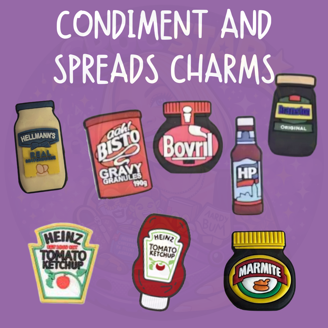 British condiment and food themed shoe charms