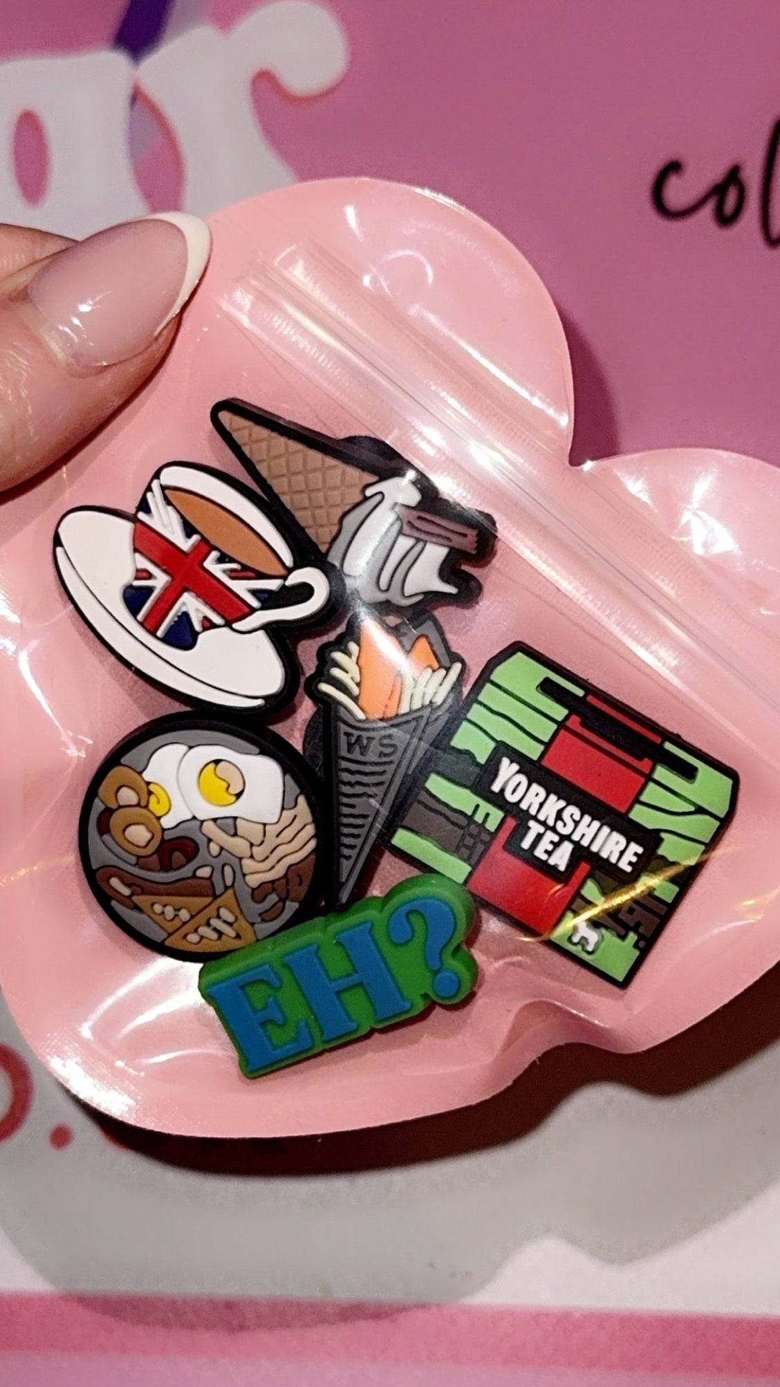 6 piece British Croc charm bundle featuring Yorkshire Tea, fish and chips, Full English and UK themed designs