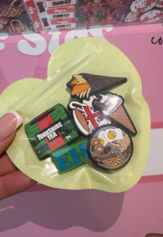 British culture croc charms set featuring Yorkshire Tea and UK food icons