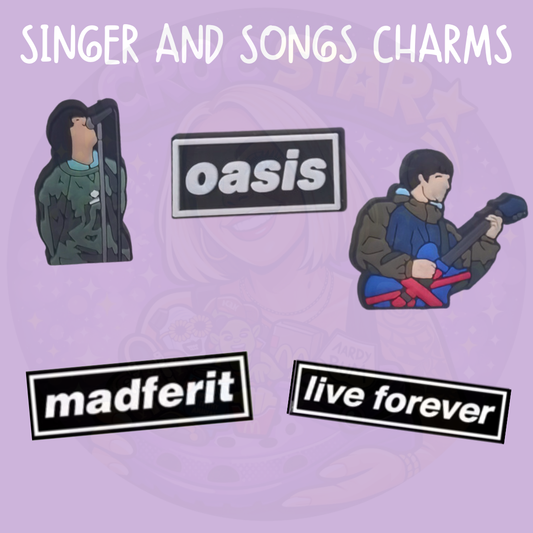 Set of Britpop inspired croc charms featuring indie rock singer and guitarist designs with lyric style text charms on a purple background