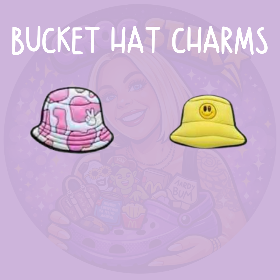 Bucket hat Croc charms featuring pink patterned and yellow smiley face fashion hat designs