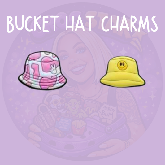 Bucket hat Croc charms featuring pink patterned and yellow smiley face fashion hat designs