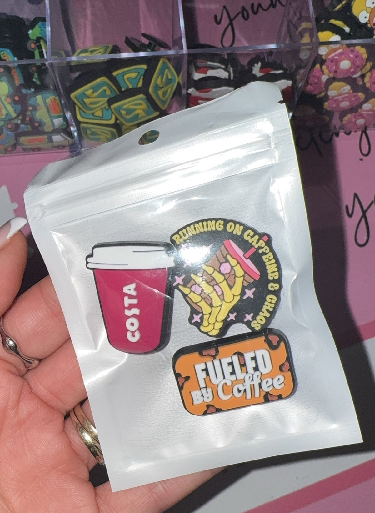 3 coffee croc charms bundle featuring funny coffee designs
