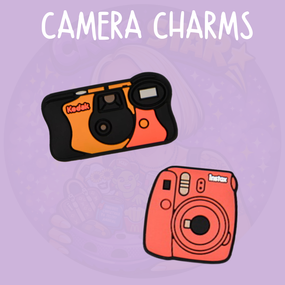 Camera Croc charms featuring retro disposable and instant camera designs for photography lovers