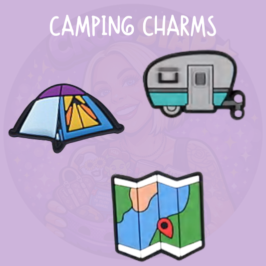 Camping Croc charms featuring a colourful tent, caravan and map designs for outdoor adventure lovers