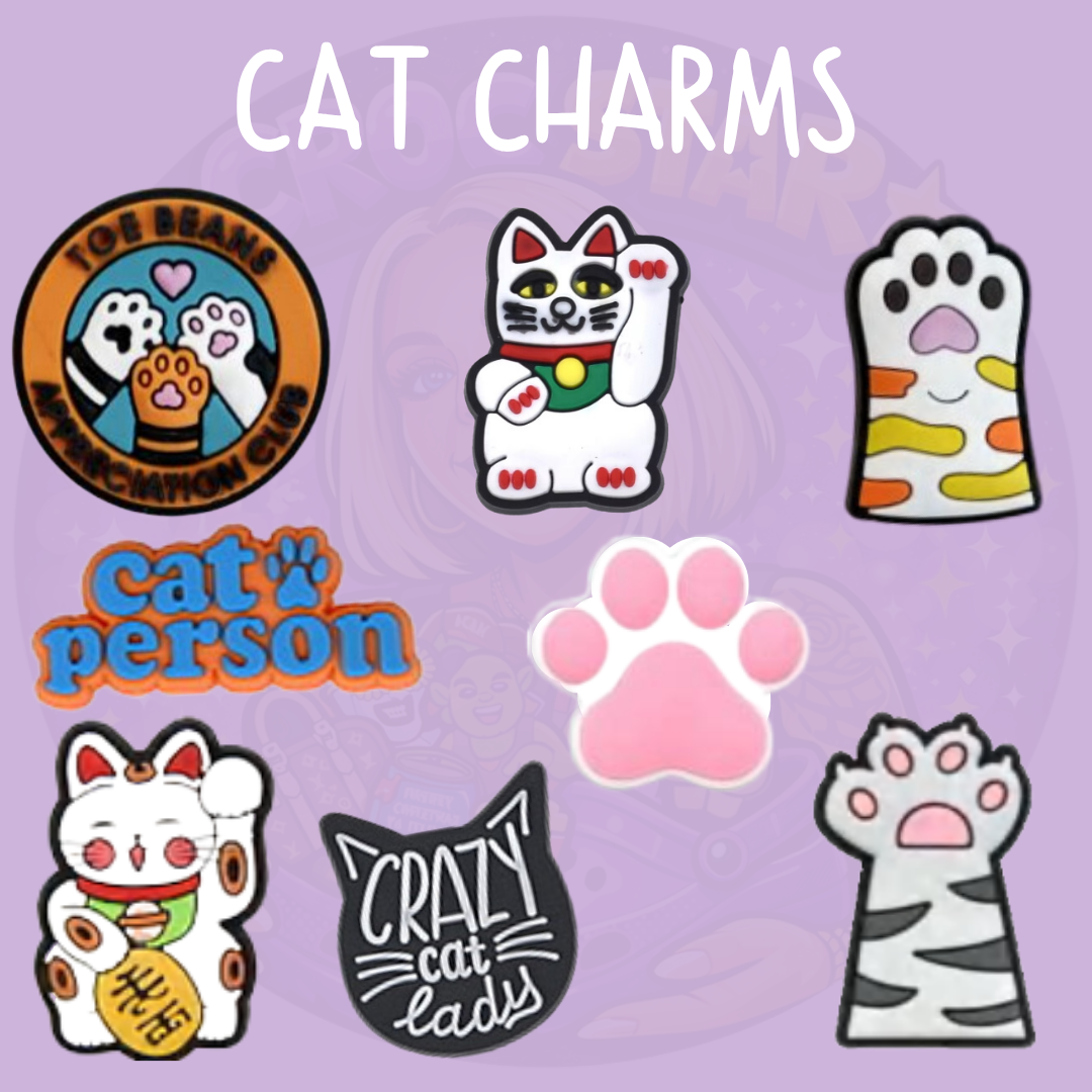Cat Croc charms featuring cute cats, paw prints, lucky cat and Crazy Cat Lady designs