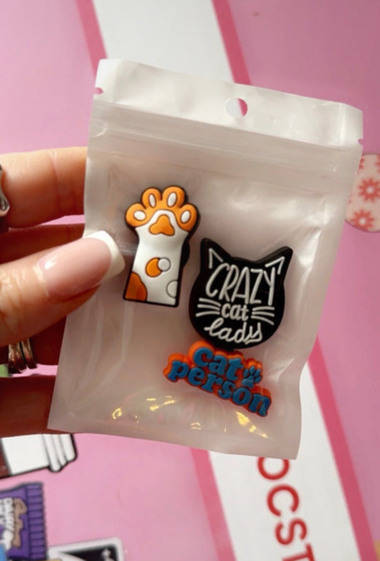 Cat croc charms set with crazy cat lady text and cat paw design