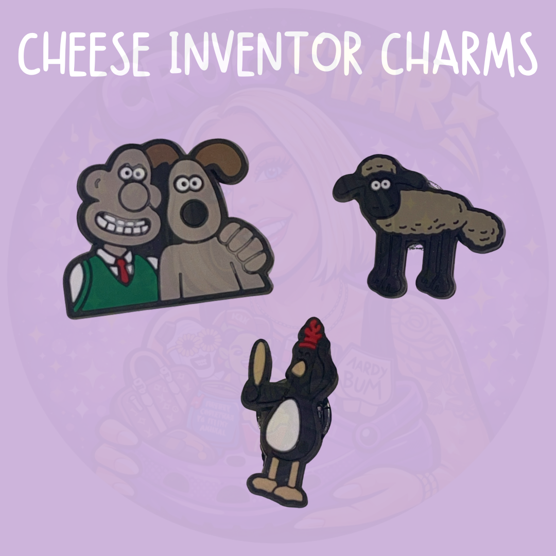 Cheese inventor Croc charms featuring a cartoon inventor and dog, sheep and penguin designs