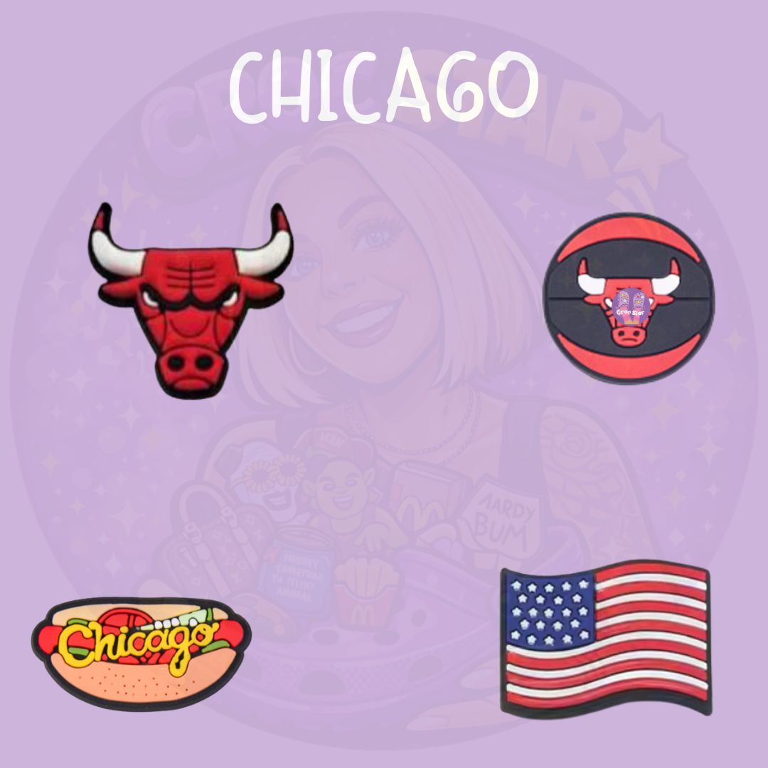 Chicago Croc charms featuring basketball, Bulls, hot dog and American flag designs