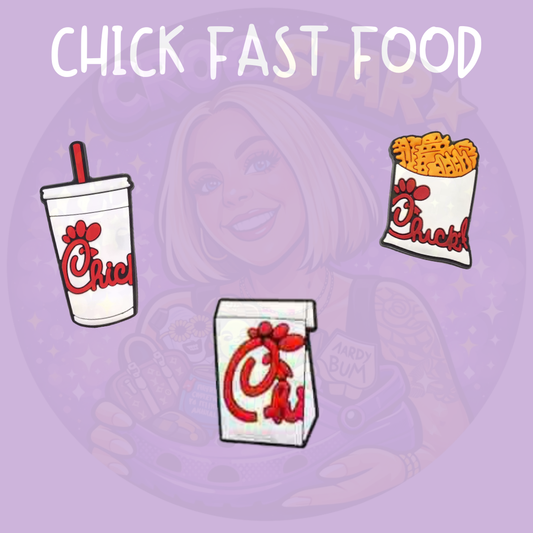Chick-fil-A fast food Croc charms featuring chicken, waffle fries and drink designs