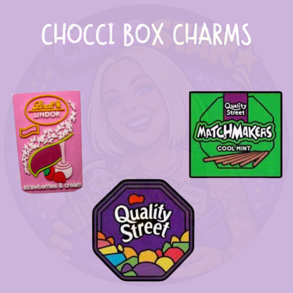 Chocolate box themed shoe charms with assorted sweet designs
