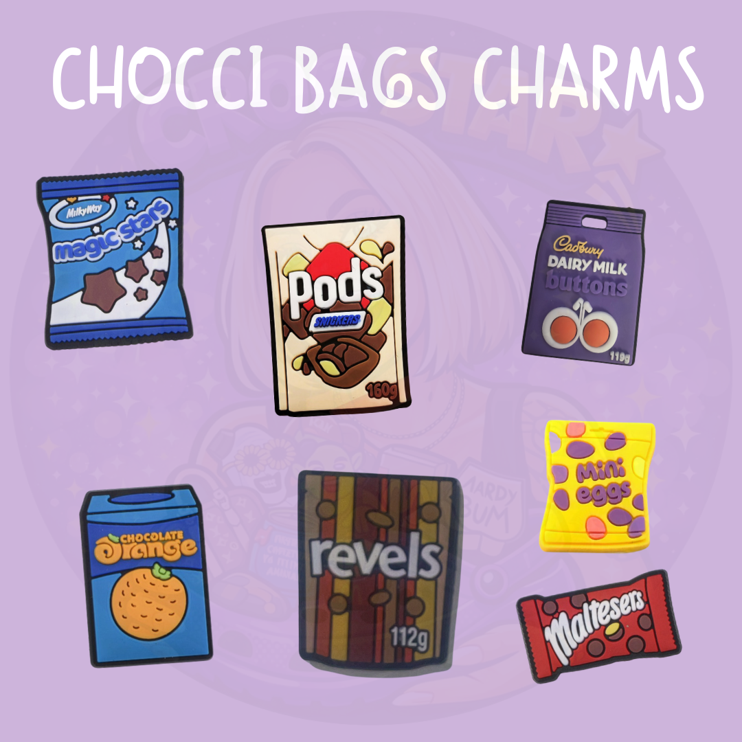 Chocolate Croc charms featuring Magic Stars, Pods, Buttons, Chocolate Orange, Revels, Mini Eggs and Maltesers