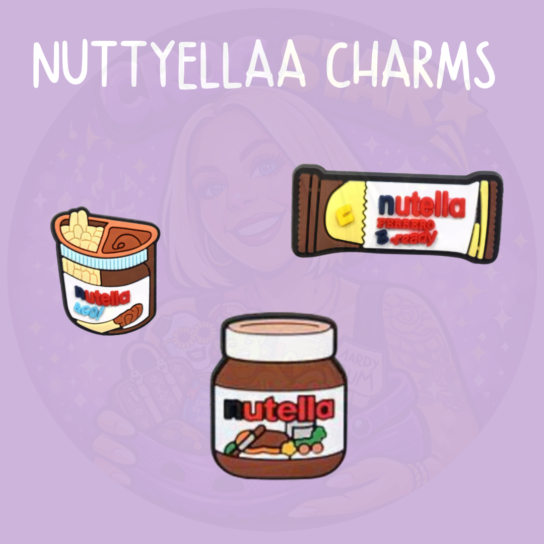 Chocolate spread themed Croc charms featuring cute jar and snack designs