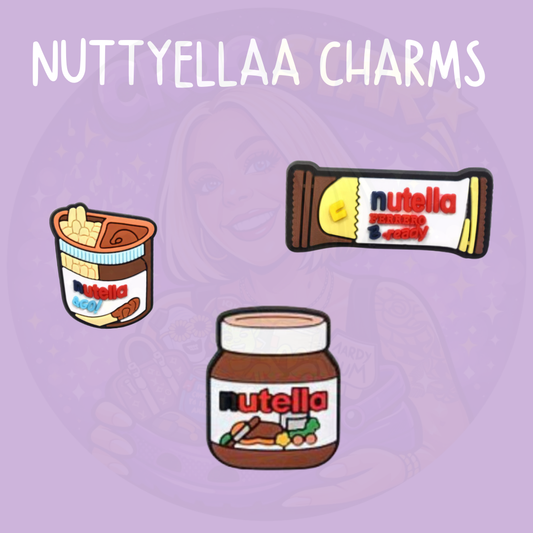 Chocolate spread themed Croc charms featuring cute jar and snack designs