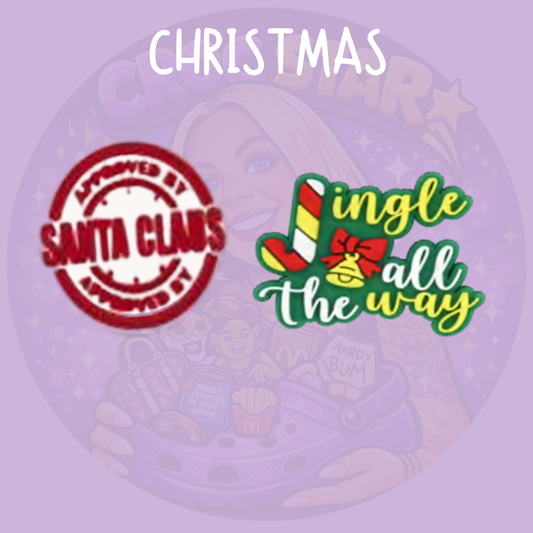 Christmas Croc charms featuring Santa Claus and colourful Jingle All the Way festive designs