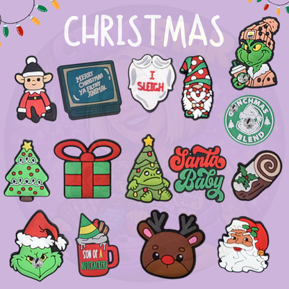 Christmas shoe charms featuring festive characters and holiday designs