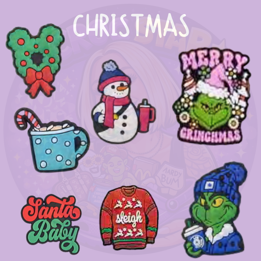 Christmas Croc charms featuring a festive wreath, hot chocolate, snowman, Christmas jumper, Santa Baby and Grinch-style Christmas character designs